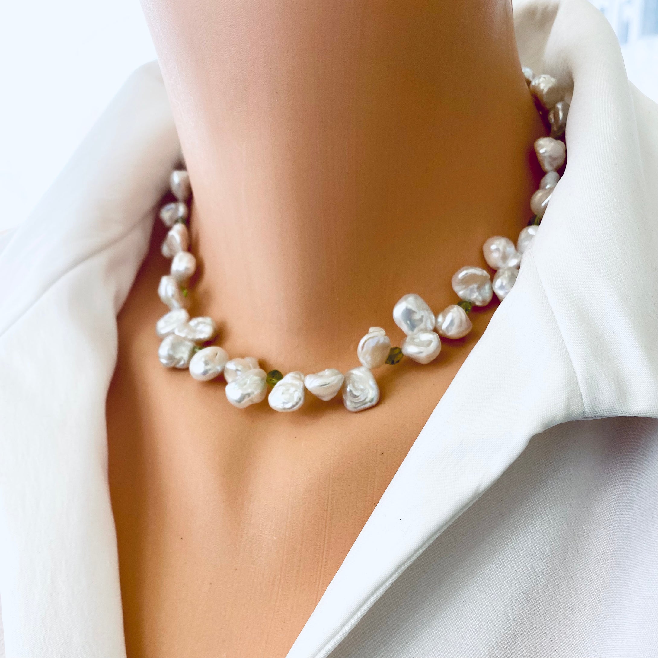 Peridot & Keshi Pearl Choker Necklace, 16