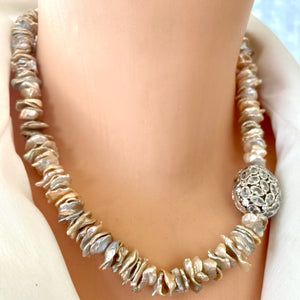 Keshi Freshwater Pearl Necklace in Silver, Champagne Color with Silver Plated, Cubic Zirconia Pave Details, 18"inches