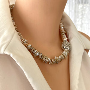 Keshi Freshwater Pearl Necklace in Silver, Champagne Color with Silver Plated, Cubic Zirconia Pave Details, 18"inches