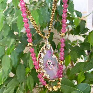 Chunky Hamsa Hot Pink Agate Pendant Necklace