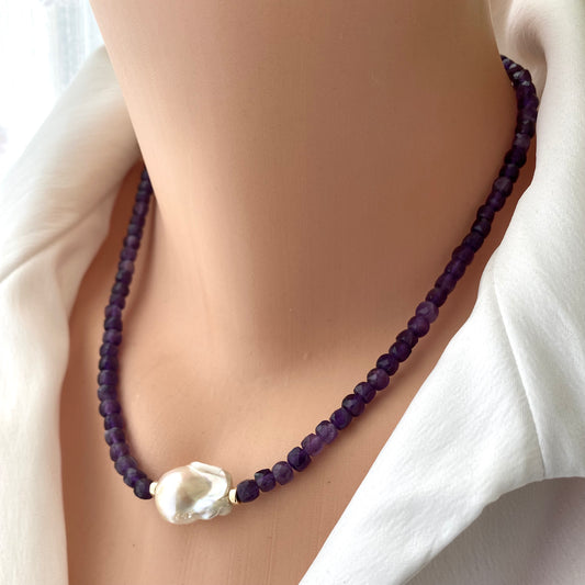 Amethyst baroque pearl necklace worn on neckline with gold-filled details and baroque pearl