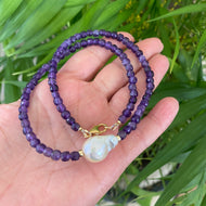 Amethyst baroque pearl necklace with faceted purple amethyst beads and freshwater pearl centerpiece
