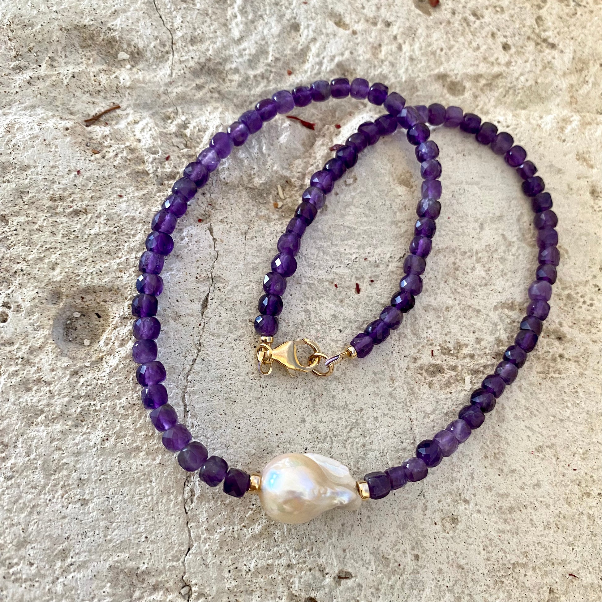 Amethyst baroque pearl necklace with gold-filled clasp and freshwater baroque pearl