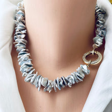 Load image into Gallery viewer, Chunky Grey Keshi Pearl Choker Necklace with Gold Plated and CZ Pave Clasp, 18&quot;inches
