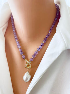 Amethyst Toggle Necklace w Baroque Pearl, Gold Plated Tulip Clasp, 18' in, February Birthday