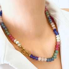 Load image into Gallery viewer, hand knotted Soft colors gemstone necklace with heart clasp
