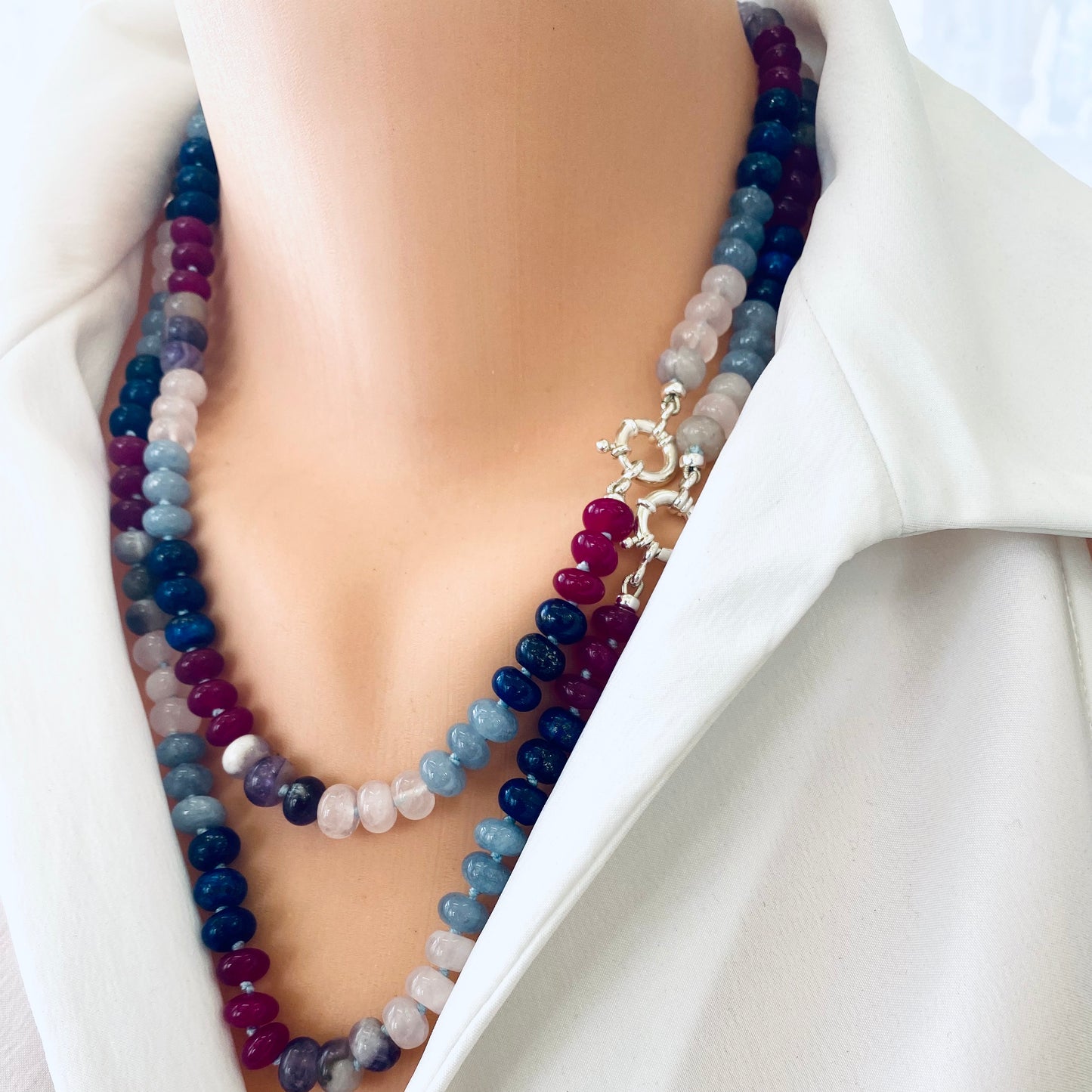 Denim candy necklace with lapis lazuli, rose quartz, and jade, handcrafted for everyday bohemian style.