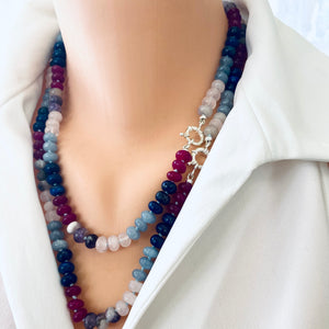 Lapis Lazuli, Rose Quartz & Jade Denim Candy Necklace, Silver Interlocking Clasp, 19"or 22"in