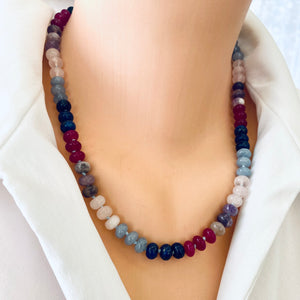 Lapis Lazuli, Rose Quartz & Jade Denim Candy Necklace, Silver Interlocking Clasp, 19"or 22"in