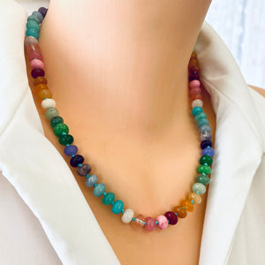 Rainbow Candy Necklace, Skittles Taste Multi Gemstones Necklace, Silver Toggle Clasp, 19-21.5"inches,