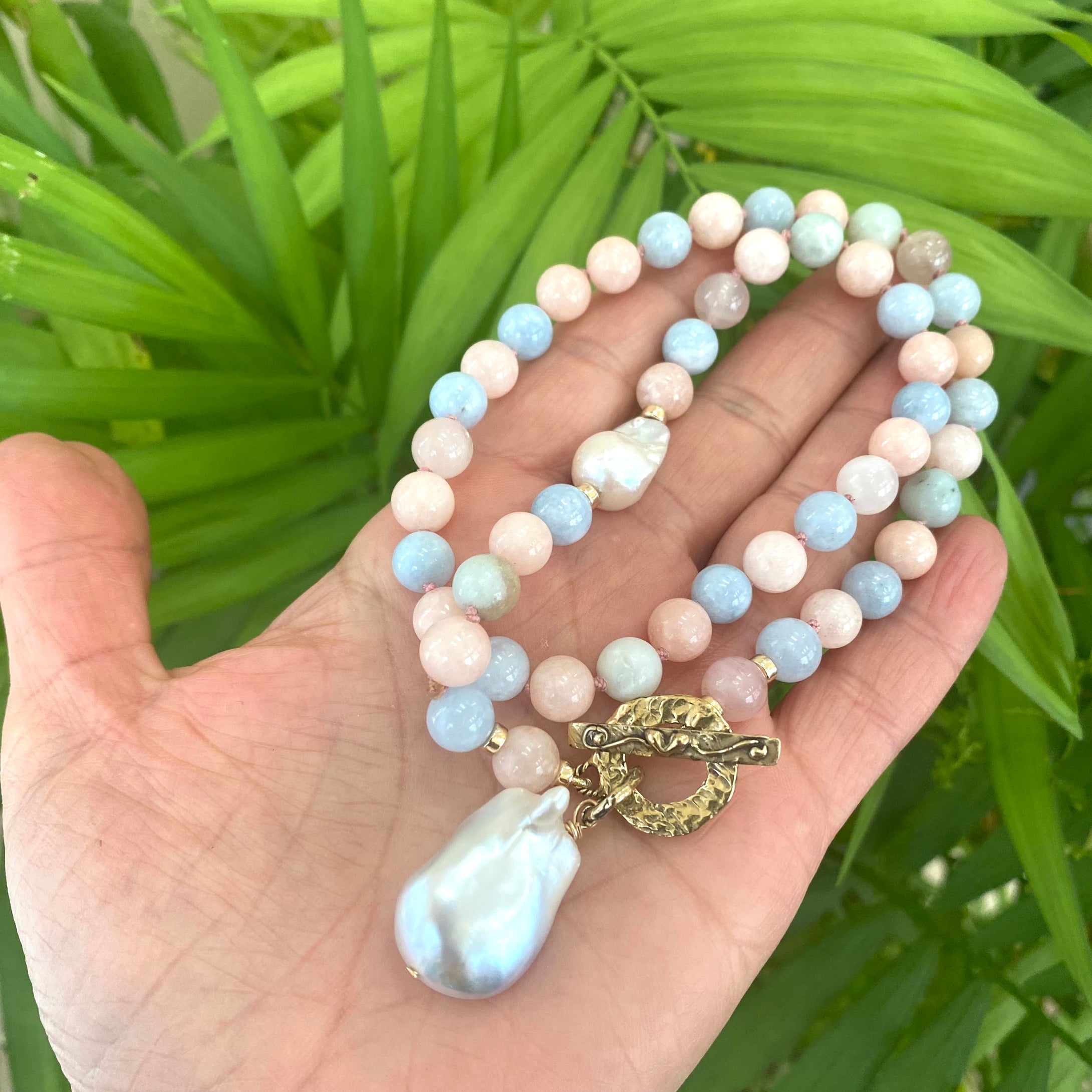 Morganite, Aquamarine & Baroque Pearl Toggle Necklace