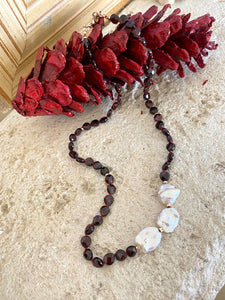 Garnet Heart Shape Beads & Keshi Pearls Necklace, January Birthstone, Gold Filled Details, 21"inches