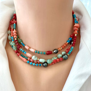 Turquoise, Chrysoprase, Pink Orange Red Coral and Tahitian Pearl Summer Necklace, Gold Filled, 15-16"in