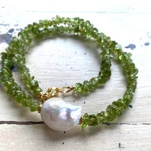 Green Peridot Beaded Necklace with Large Baroque Pearl and Gold Plated Silver Details, 16.5"inches, August Birthstone