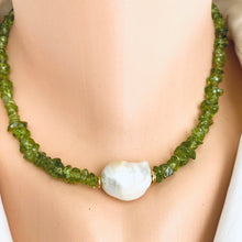 Load image into Gallery viewer, Green Peridot Beaded Necklace with Large Baroque Pearl and Gold Plated Silver Details, 16.5&quot;inches, August Birthstone
