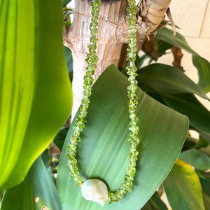 Green Peridot Beaded Necklace with Large Baroque Pearl and Gold Plated Silver Details, 16.5"inches, August Birthstone