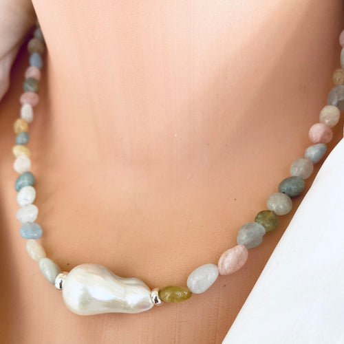 Aquamarine and morganite nugget beaded necklace