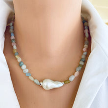 Cargar imagen en el visor de la galería, Aquamarine and Morganite Beaded Necklace Embellished with A Large Baroque Pearl, Sterling Silver
