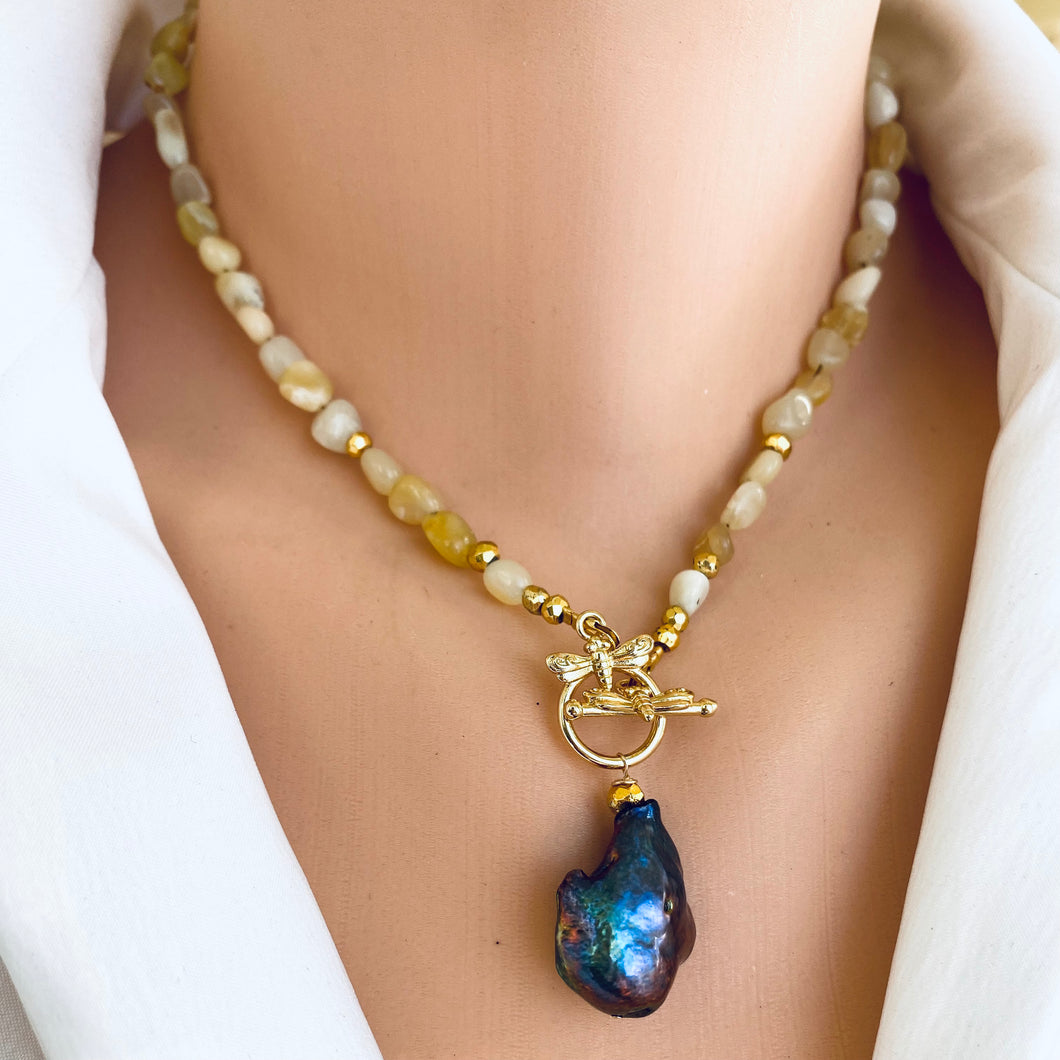 Yellow Opal Beads w Honey Bees Toggle Clasp & Black Baroque Pearl, 16.5