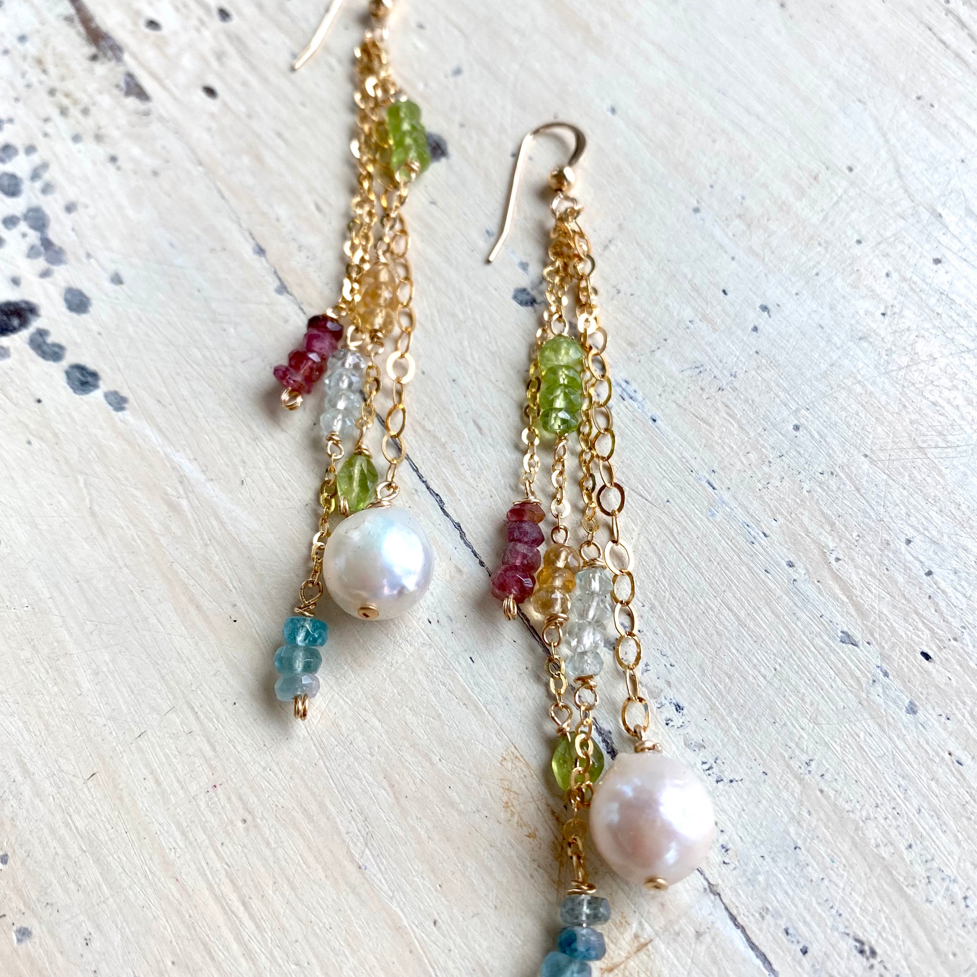 Baroque pearl gemstone earrings featuring aquamarine citrine and freshwater pearls