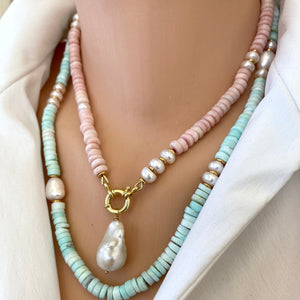 Sky Blue Opal Tire Beads & Freshwater Pearls Candy Necklace, Vermeil, 21"in