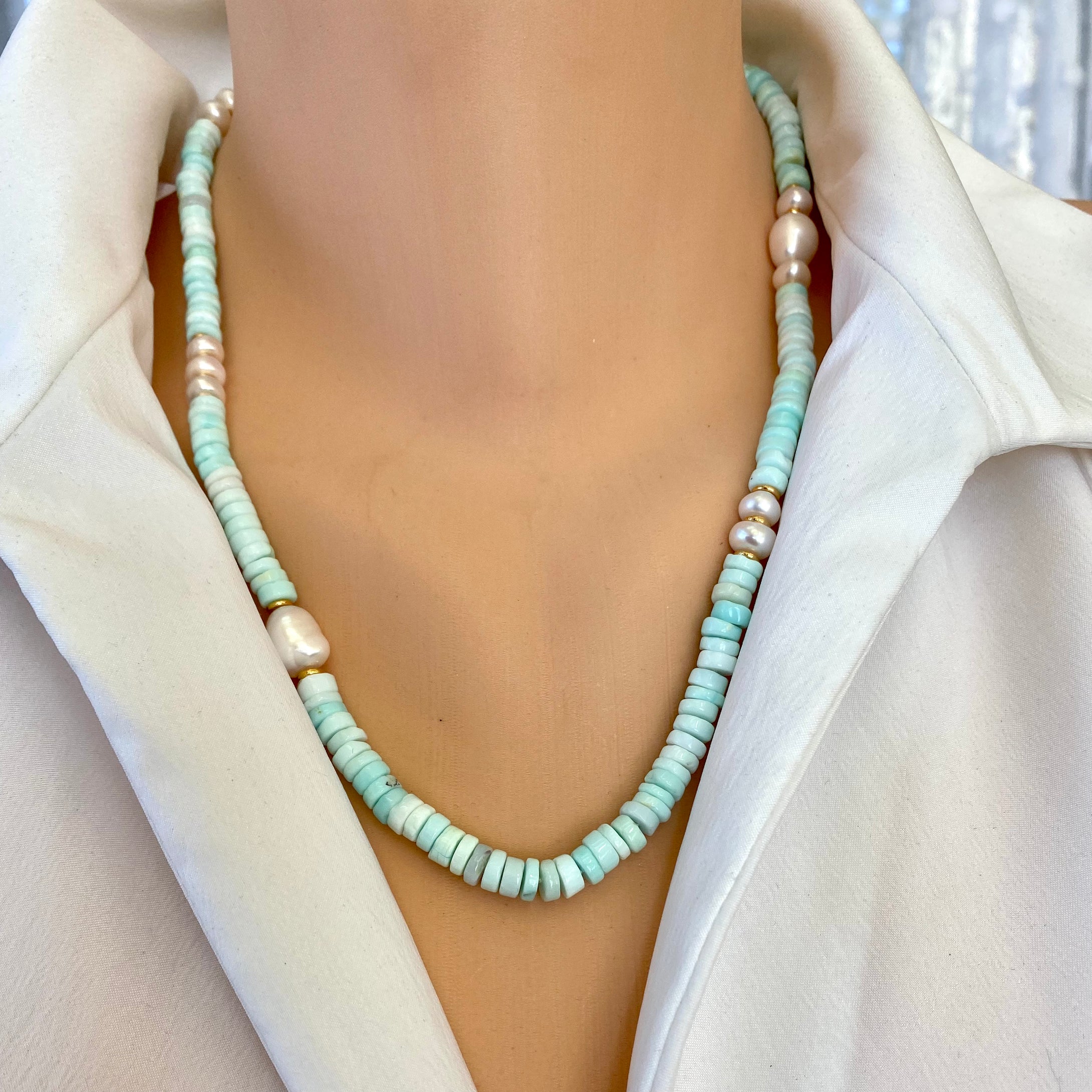 Sky Blue Opals & Freshwater Pearls Candy Necklace