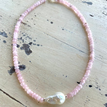 Load image into Gallery viewer, Madagascar Rose Quartz Beaded Necklace with Large Baroque Pearl and Silver Details, 17.5&quot;inches

