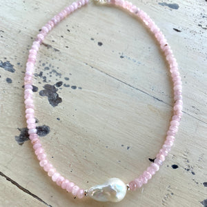 Madagascar Rose Quartz Beaded Necklace with Large Baroque Pearl and Silver Details, 17.5"inches