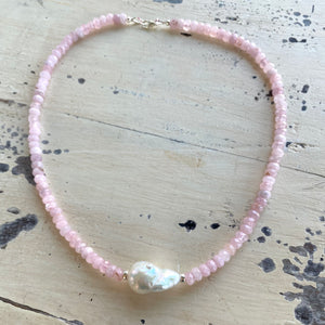 Madagascar Rose Quartz Beaded Necklace with Large Baroque Pearl and Silver Details, 17.5"inches