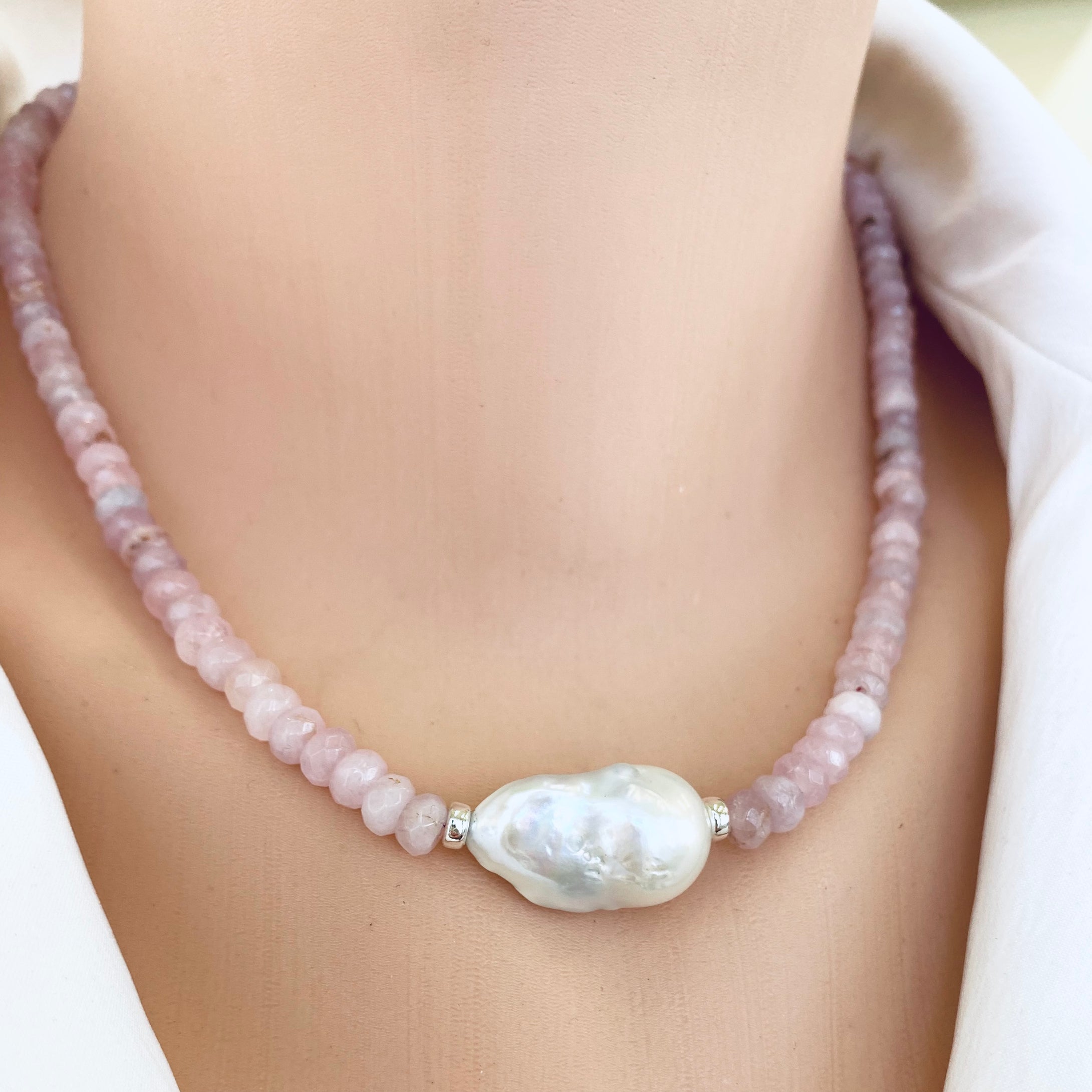 Madagascar Rose Quartz Necklace & Large Baroque Pearl