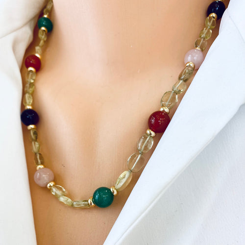 Prasiolite Necklace with  Rose Quartz, Green Jade, Amethyst & Carnelian