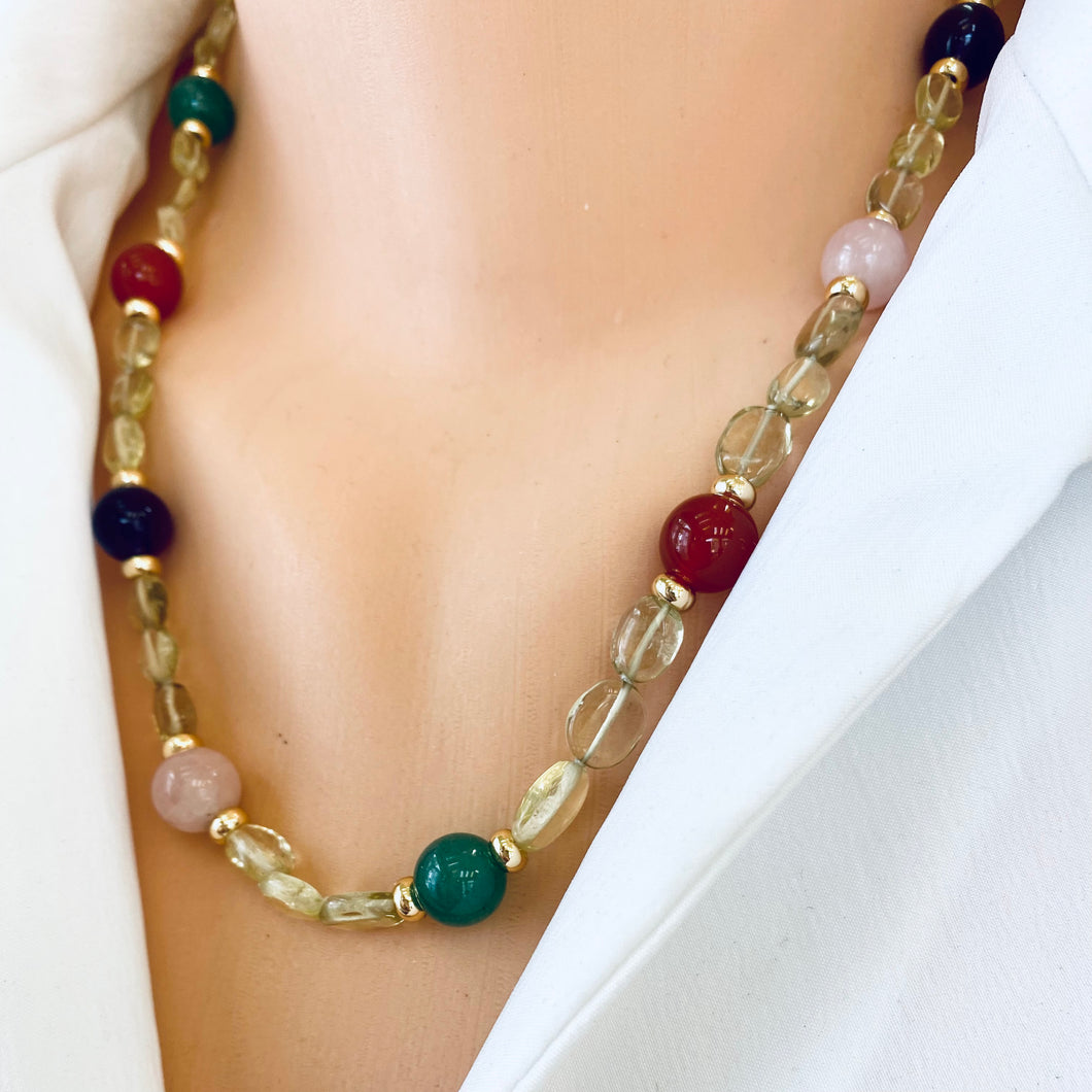 Prasiolite Bonbons Necklace w Rose Quartz, Green Jade, Amethyst & Carnelian Accent Beads, Gold Plated, 20