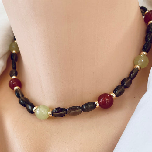 Smoky Quartz Choker Necklace with Green Jade & Carnelian