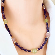 Cargar imagen en el visor de la galería, Amethyst Bonbons Necklace w Rose Quartz &amp; Lime Green Jade Accent Beads, Gold Plated, 19&quot;in
