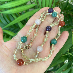 Prasiolite Bonbons Necklace w Rose Quartz, Green Jade, Amethyst & Carnelian Accent Beads, Gold Plated, 20"in