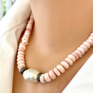 Pink Opal Candy Necklace with White Baroque Pearl and Diamonds, 18"inches
