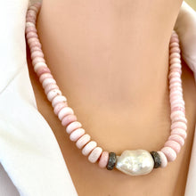 Load image into Gallery viewer, Pink Opal Candy Necklace with White Baroque Pearl and Diamonds, 18&quot;inches
