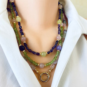 Rose Quartz, Amethyst, Citrine & Prehnite Mixed Gemstone Necklace with Spring Gate Charm Holder, Gold Plated, 23"or 24.5"in