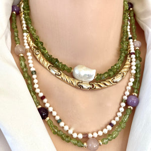 Peridot Bonbons Necklace w Rose, Lilac Jade & Amethyst Accent Beads, Gold Plated, 21"in, August Birthstone