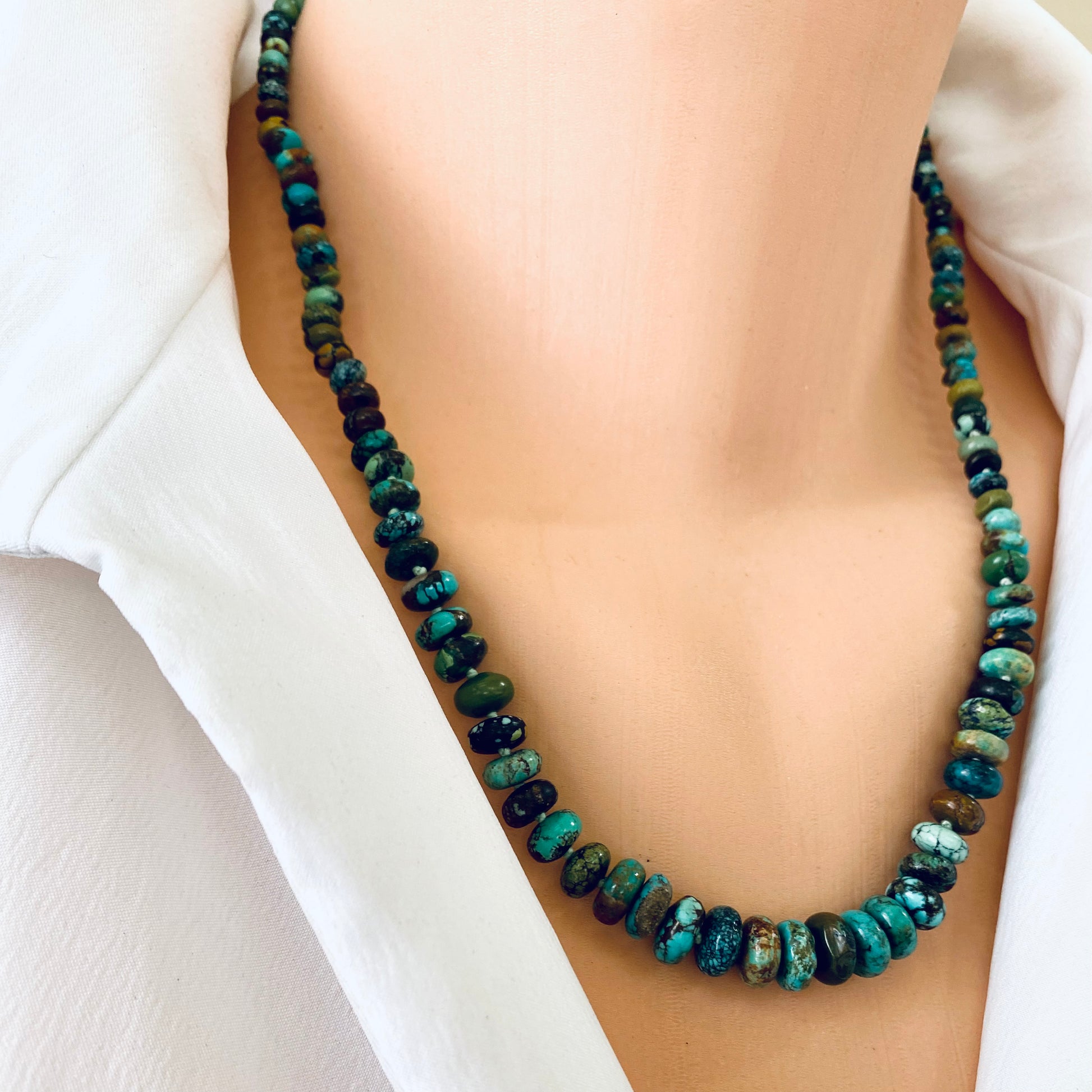 Turquoise necklace gold filled worn on model, natural turquoise beaded necklace with gold filled clasp