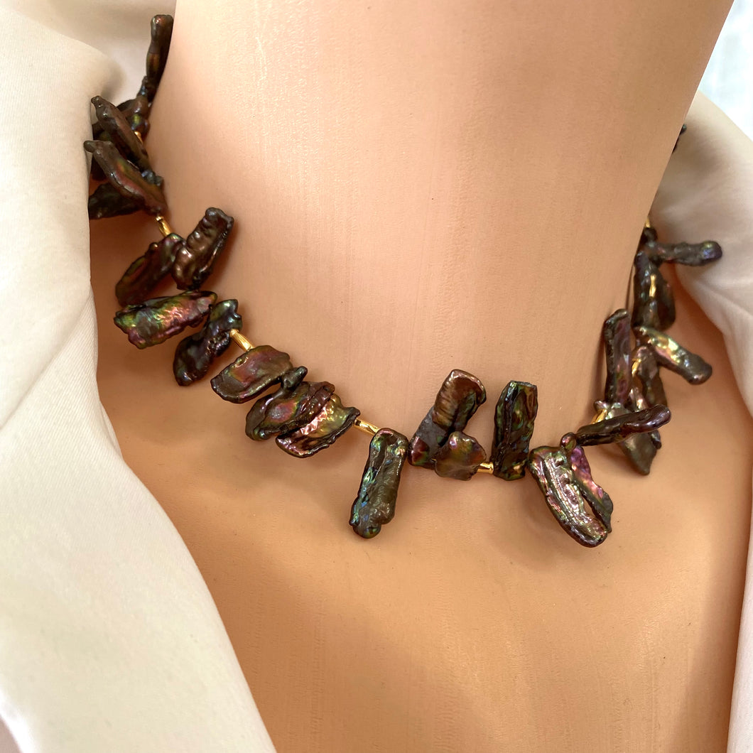 Peacock Biwa Stick Pearls Choker Necklace & Gold Vermeil Details 14