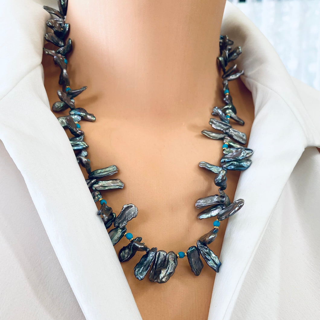 Blue Grey Biwa Keshi FreshWater Pearl & Turquoise Necklace, Vermeil, 20.5