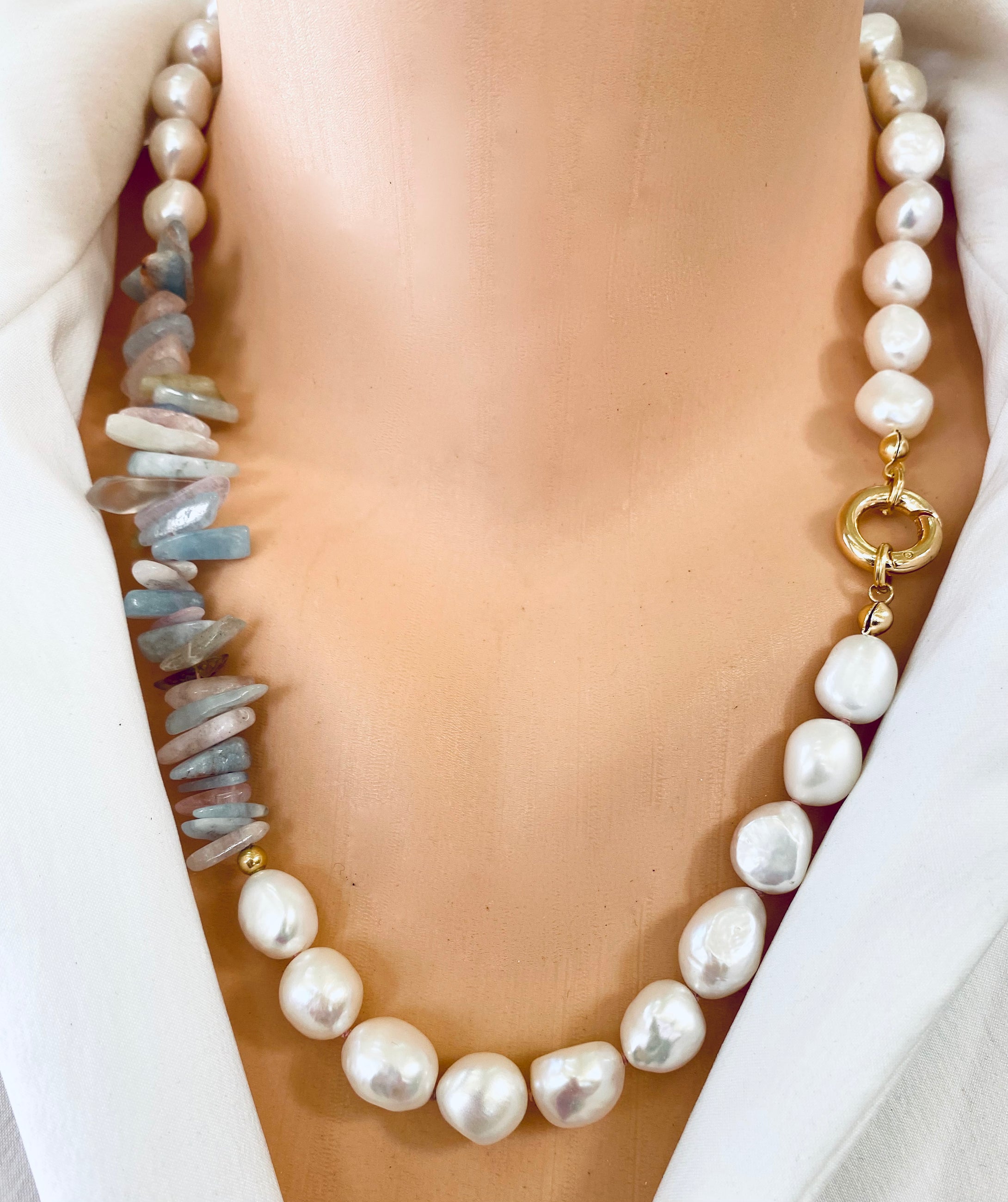 Morganite, Aquamarine Chips & Pearls Asymmetric Necklace