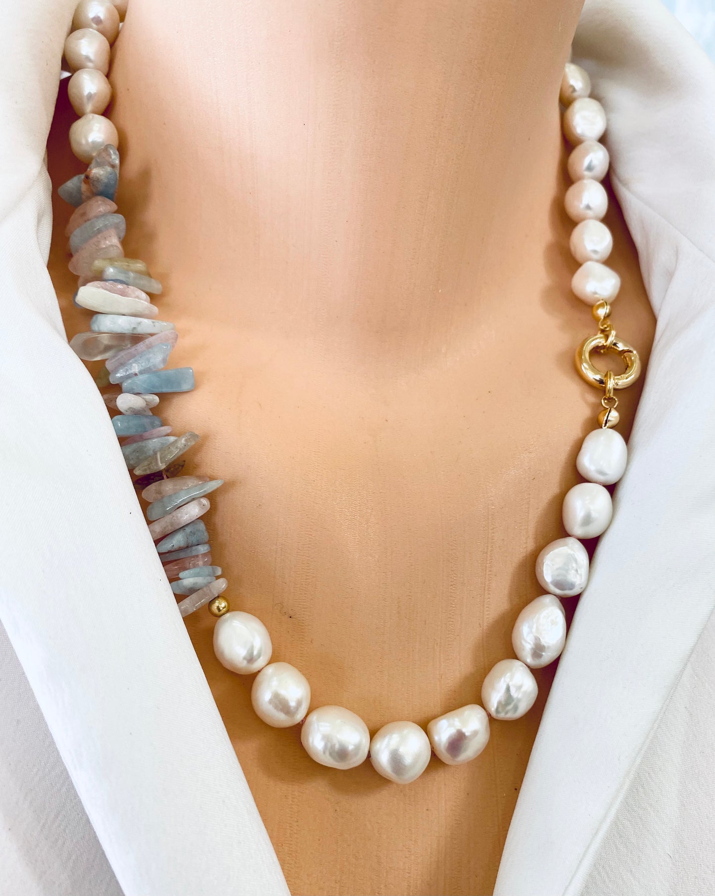 Morganite aquamarine necklace on model, asymmetric pastel gemstone and pearl strand