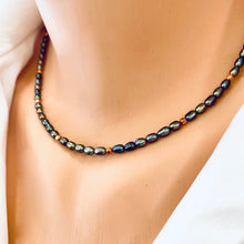 Load image into Gallery viewer, Black Mini Rice pearl Necklace w Solid Copper Beads &amp; Rose Gold Filled Closure, 14.5 to 19&quot;inches
