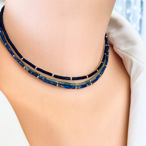 Lapis Lazuli, Black or Green Onyx Dainty Choker Necklace, Gold Filled, 14"in