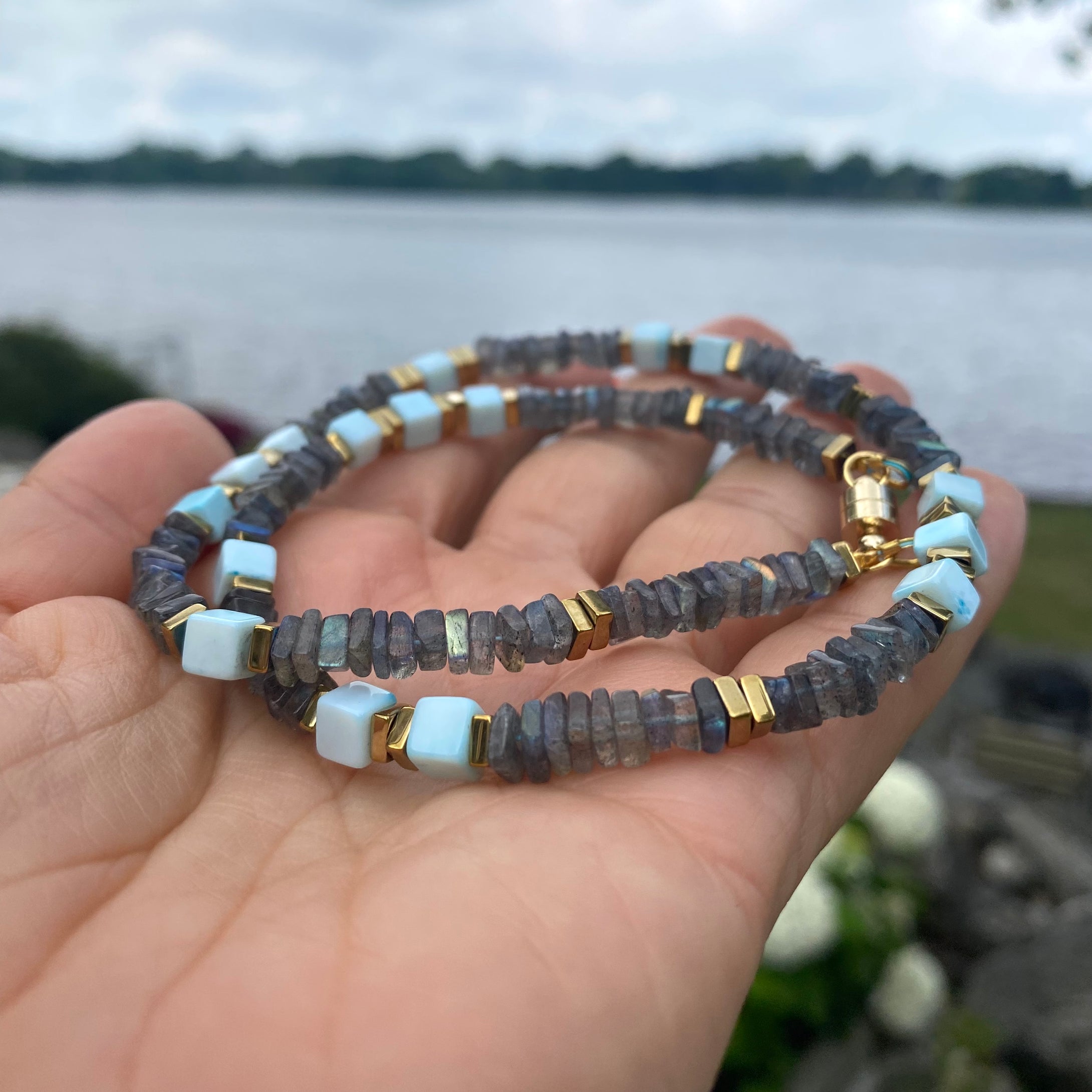 Labradorite & Blue Peru Opal Necklace, Magnetic Clasp