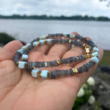 Lade das Bild in den Galerie-Viewer, Labradorite &amp; Blue Peru Opal Beaded Necklace, Square Heishi, Cube Gemstones, Gold Plated Magnetic Clasp, 18&quot;in
