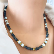 Lade das Bild in den Galerie-Viewer, Labradorite &amp; Blue Peru Opal Beaded Necklace, Square Heishi, Cube Gemstones, Gold Plated Magnetic Clasp, 18&quot;in
