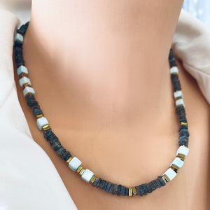 Labradorite & Blue Peru Opal Beaded Necklace, Square Heishi, Cube Gemstones, Gold Plated Magnetic Clasp, 18"in